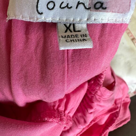 Louna Pink Peasant Babydoll Mini Dress XL Fit n Flare Linen Puff Sleeve $150 - Picture 12 of 13